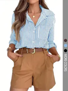 Women's Fashion Striped Long Sleeve Fitted Casual Shirt, All Seasons Wear, Daily Stylish Clothing, Comfortable and Versatile