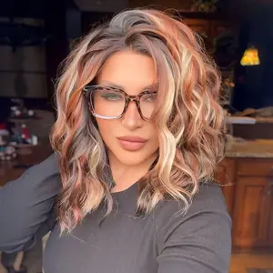 IMstyle Catilda Calico Auburn  Brown and Blonde Highlight with Rooting Ombre Color 13*4 Glueless Lace Front Wig Free Parting  Shoulder Length Natural Wavy Curly Syntehtic Wig Old money Collection