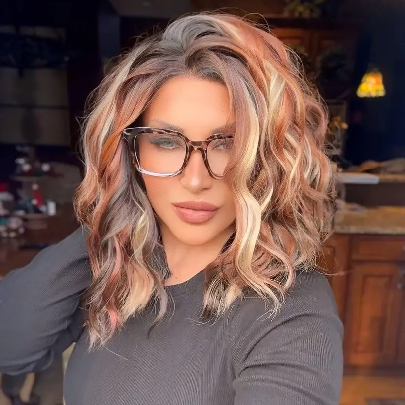 IMstyle Catilda Calico Auburn  Brown and Blonde Highlight with Rooting Ombre Color 13*4 Glueless Lace Front Wig Free Parting  Shoulder Length Natural Wavy Curly Syntehtic Wig Old money Collection