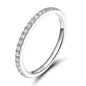 EAMTI 2mm 925 Sterling Silver Wedding Band Cubic Zirconia Half Eternity Stackable Engagement Ring