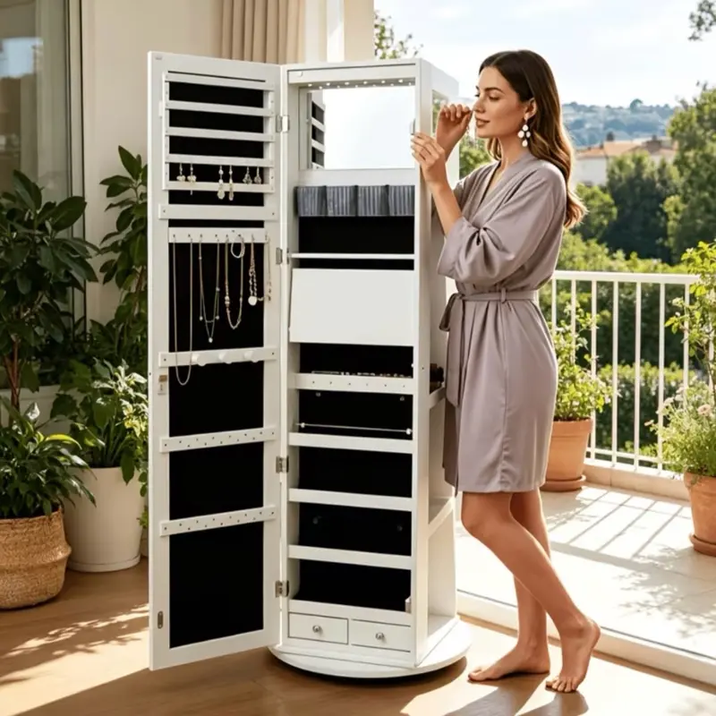 Brown Freestanding Rotating Jewelry Armoire with Full-Length Mirror, Lockable Design, Fold-Out Vanity Stand, Lighting and Multiple Storage Compartments