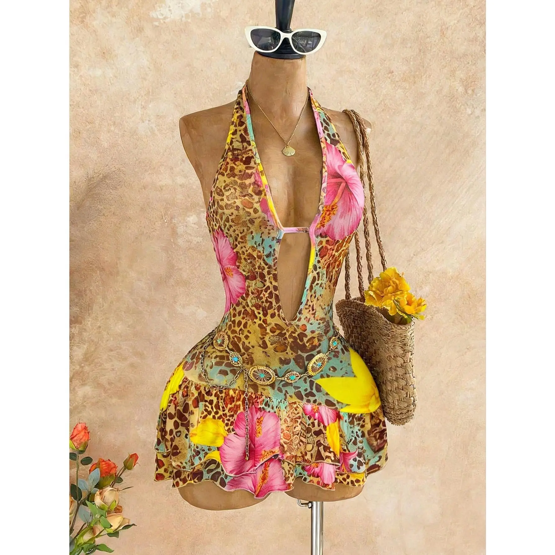 DealsForYouDays Random Print Halter Neck Mini Dress For Women Boho Style Sleeveless Knitted Fabric A Line With Ruffle Hem