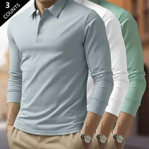 3 Pack - Men's Classic Solid Color Polo Shirt, Lightweight Comfortable & Breathable Fabric, Long Sleeve Polos for Spring, Autumn, Everyday Work & Business Casual Golf Wear