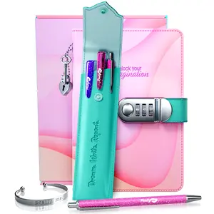 Pretty Me Secret Diary Set with Lock 300 Page PU Journal 3 Pens Stickers Picture Pocket for Girls 7x7x1 Inches