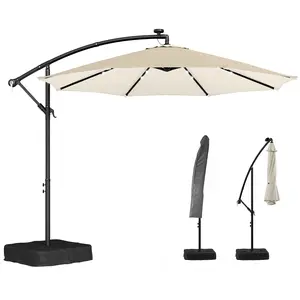 Outsunny 10 ft Cantilever Patio Umbrella with Solar LED Light, Sandbag Weight, Offset Hanging Outdoor Market Umbrella with Protective Cover, Crank and Tilt