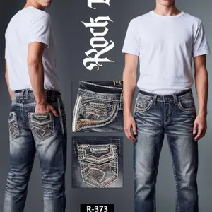 Rock T R-373 Men's Distressed Denim Jeans with Embroidered Pockets and Slim Fit Style