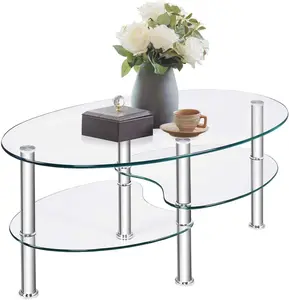 Modern Tempered Glass Oval Coffee Table with Stainless Steel Legs - 3-Tier Living Room Sofa Side Tea Table, 35.4" W x 19.7" D x 17.7" H