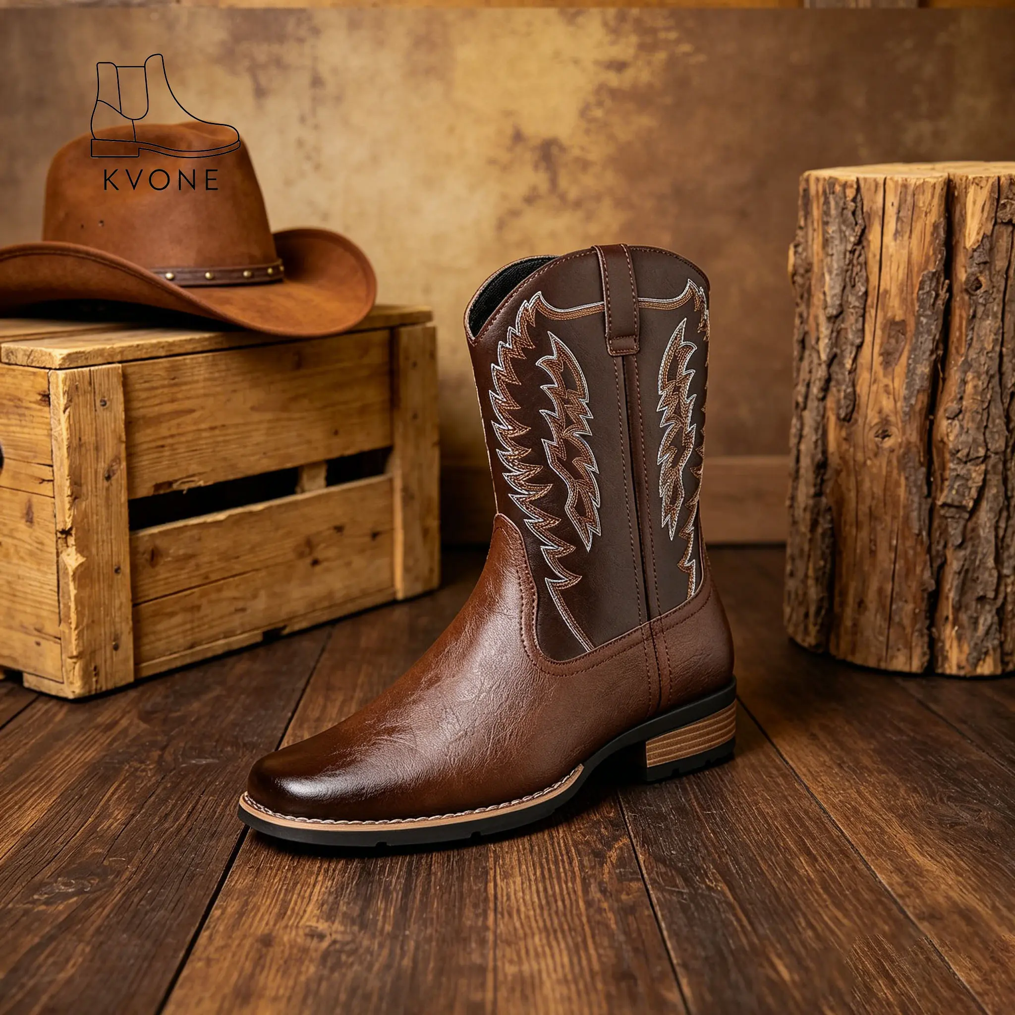 KVONE Men's Fashion Cowboy Boots — men's cowboy boots crafted with Western embroidery techniques, featuring a non-slip pointed toe design, thick sole, and short shaft style. Durable and long-lasting, classic retro style. Men's Shoes botines cowboy boot ou