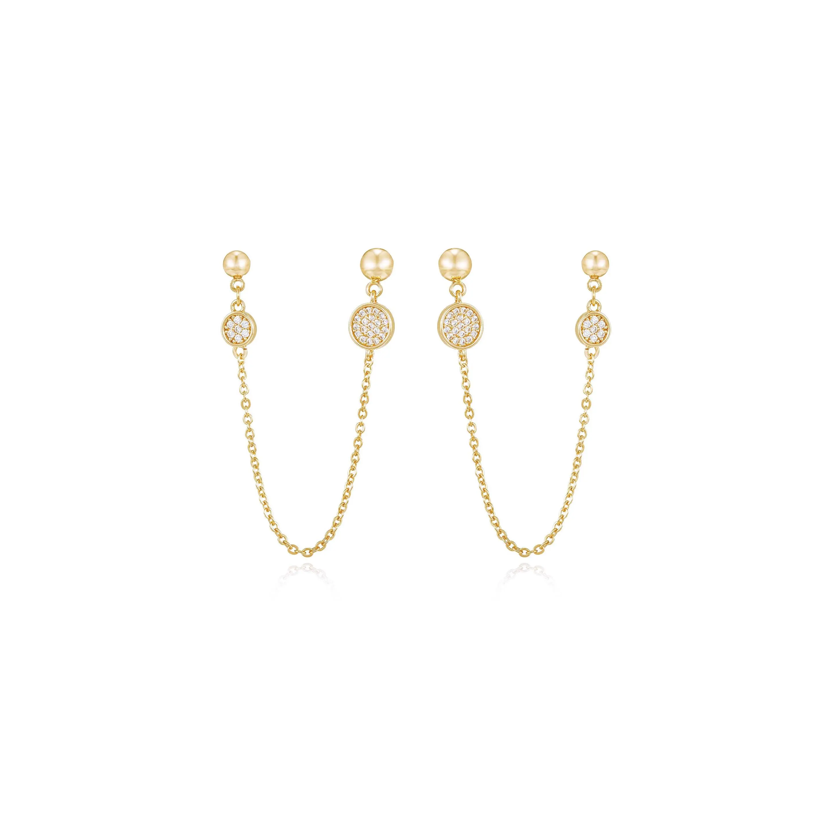 Ettika Double Piercing Chain Drop Earrings with Decorative Elements and Chain