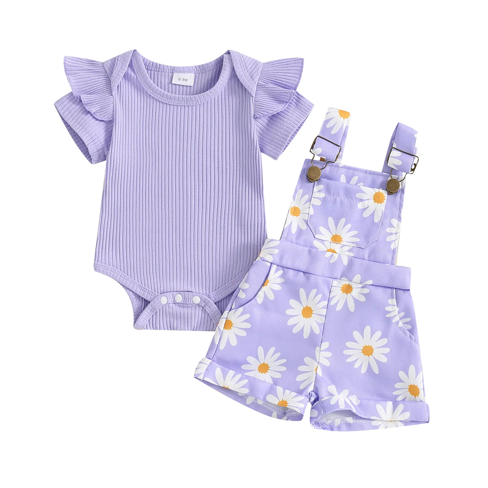 TheFound Newborn Baby Girl Clothes Ruffle Short Sleeve Ribbed Romper Daisy Suspender Overall Shorts Set 2Pcs Summer Outfits