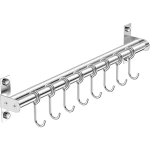 Utensil Hanging Rack Stainless Steel Rail Hanger Rod Wall Mounted Pot Pan Lid Holder Cookware Storage Organizer with Sliding Hooks for Kitchen Bathroom