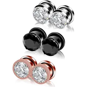 6 count-12pcs Stainless Steel Clear Black Zircon Ear Tunnels Clear CZ Ear Stretcher Expander   Gauge Plugs Set 8g-5/8 inch