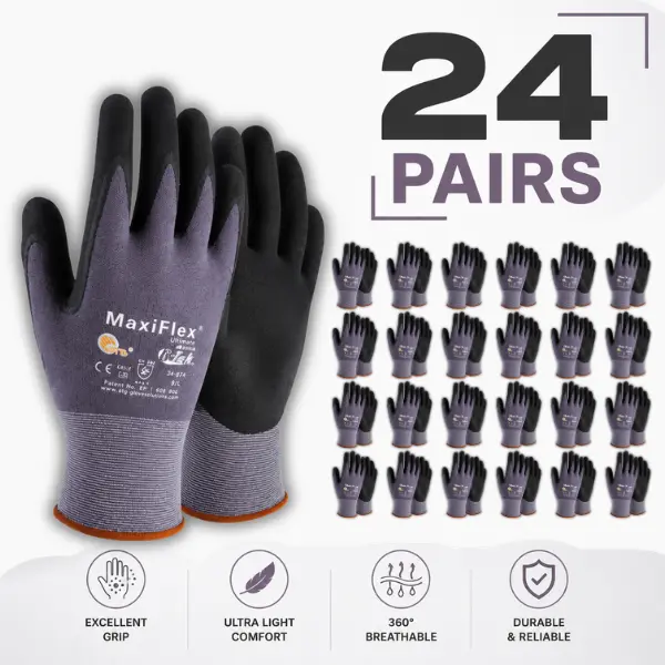 24 Pairs MAXIFLEX 34-874 Nitrile Micro Foam Safety Gloves, Ultimate Comfortable Fit, Excellent Grip for Dry Surfaces, Men’s Construction & Gardening Protective Gear
