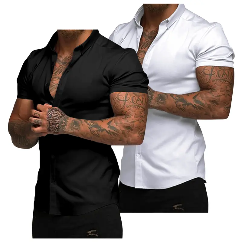 JMIERR Mens 2 Pack Muscle Fit Dress Shirts Casual Button Down Shirt Short Sleeve Wrinkle-Free Shirts  Shortsleeve Menswear Top