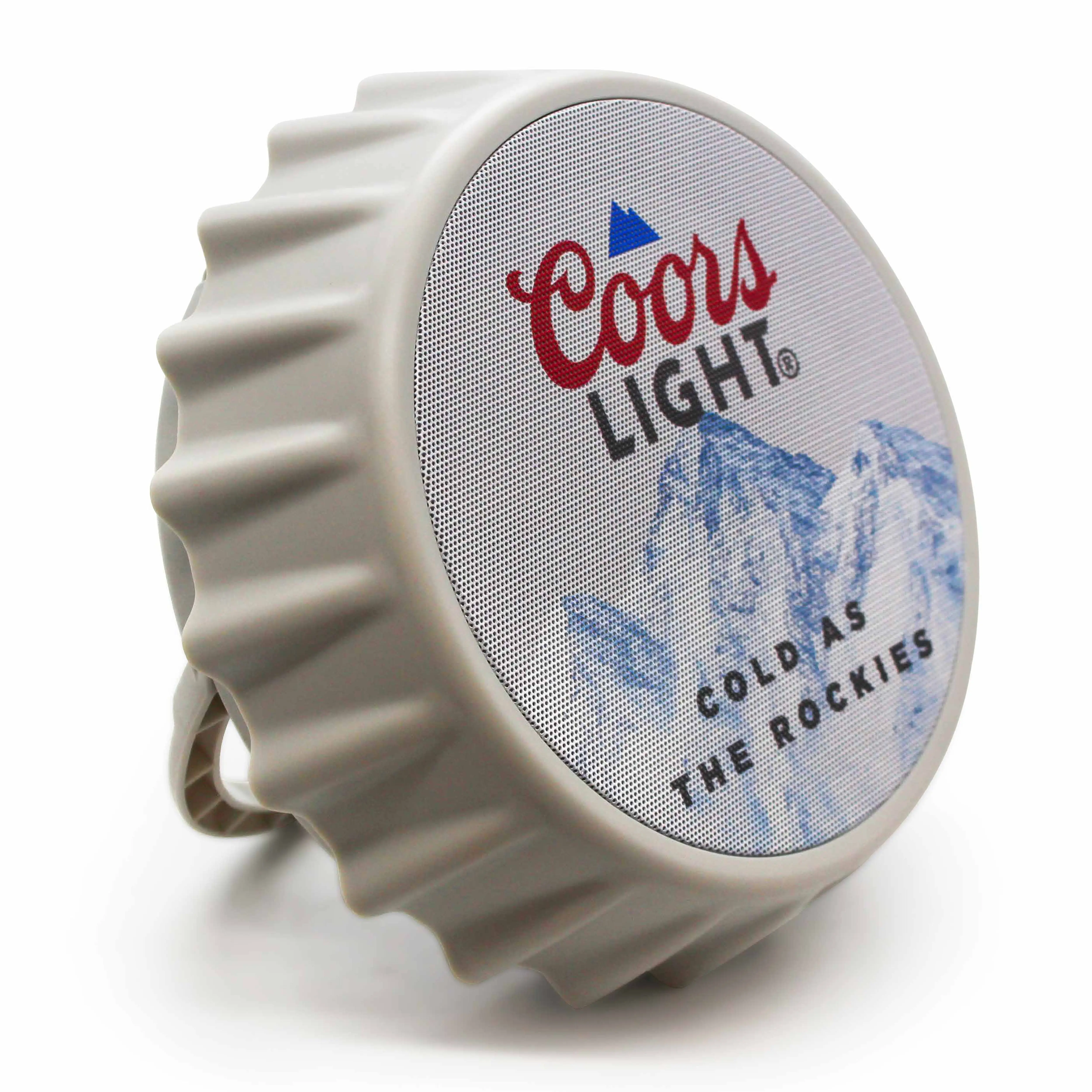 Coors Light Bottle Cap-Shaped Bluetooth Speaker with LED Lights, Kickstand, Wall-Mountable Design for Home Entertainment