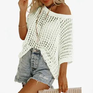 Women’s Oversized Crochet Knit Pullover Top – Sexy Hollow-Out Mesh Beach Cover-Up – Loose Casual Boho Short-Sleeve Summer Sweater for Beach to Sunset Dinner – Knitwear, Women’s Apparel GARMENTARY