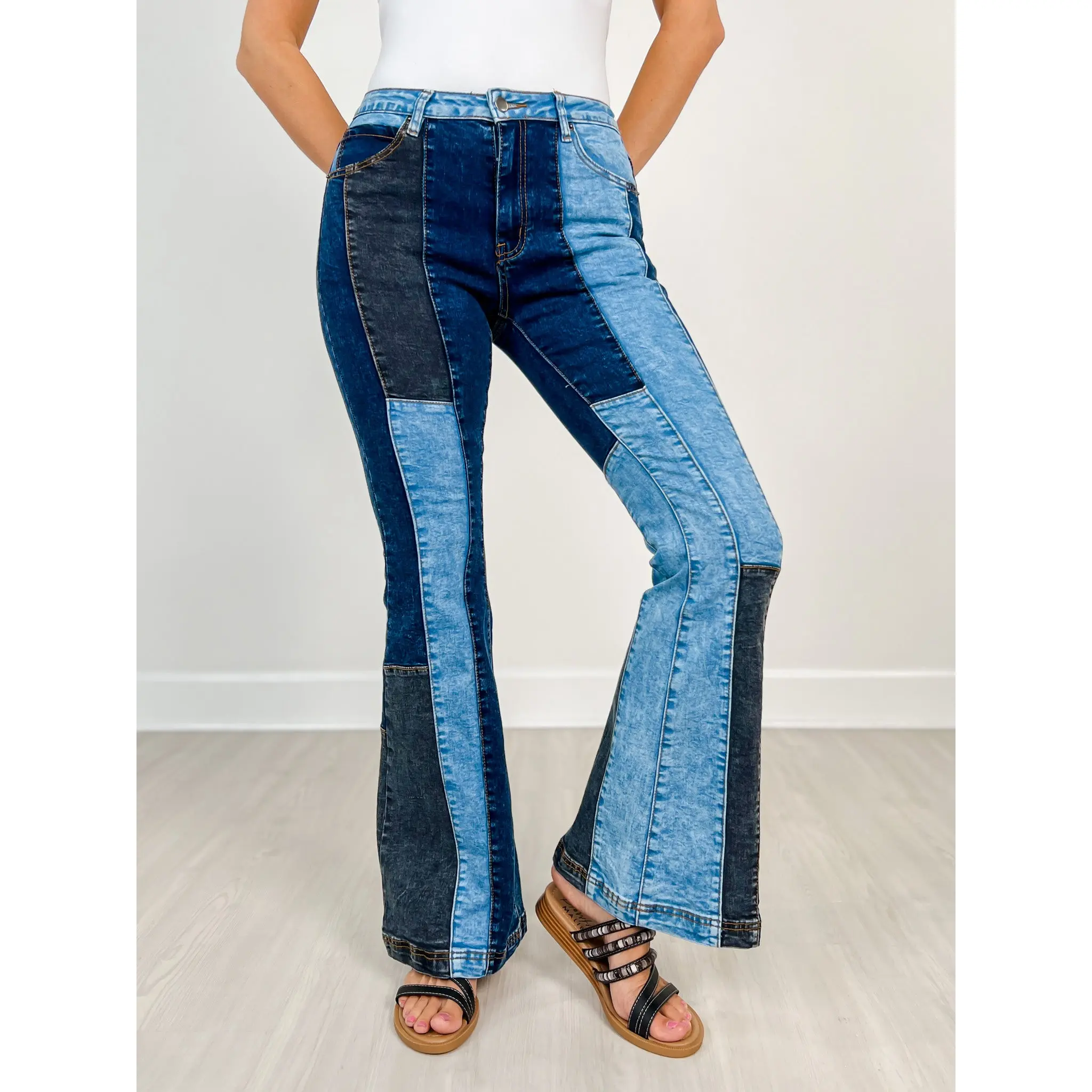 Washed Denim Color Block Flare Jeans