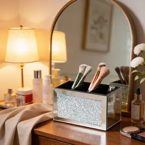 Luxury Creative Rhinestone Mirror Multi-Compartment Makeup Brush Organizer, Desktop Vanity Storage Box, Office Supplies Comb Holder
