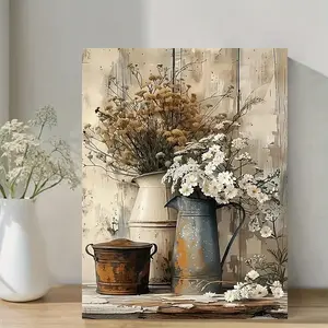 A Farmhouse Style, Vintage Design Canvas Wall Art - Antique Floral Painting with Cream Yellow Wood Grain, White Jasmine Flowers and Antique Kettle - Home Decoration, Suitable for Living Room, Kitchen - Ready-to-Hang Framed Canvas Print - Perfect New Hom