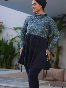 Burkini 2 - Blue Floral Print Top with Navy Blue Skirt and Matching Accessories