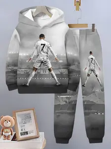 Boys Fashion Football Cartoon Pattern 3D Printed Hoodie Set, Long Sleeve Sports Wear, Spring Fall Winter Outdoor Hooded Sweatshirts