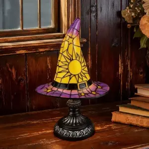 Witch Hat Lamps - Handcrafted Stained Gothic Wizard Hat Lights for Decor,Light with Glow-in-The-Dark Figurine for Bedroom， Mystical Bedroom Ambiance & Wiccan Gifts