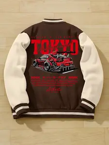 TikMen Racing Style Digital Letter Print Tokyo Baseball Jacket, Casual Loose-Fitting Streetwear, Stylish Street Fashion, Men's & Women's Sportswear Coat