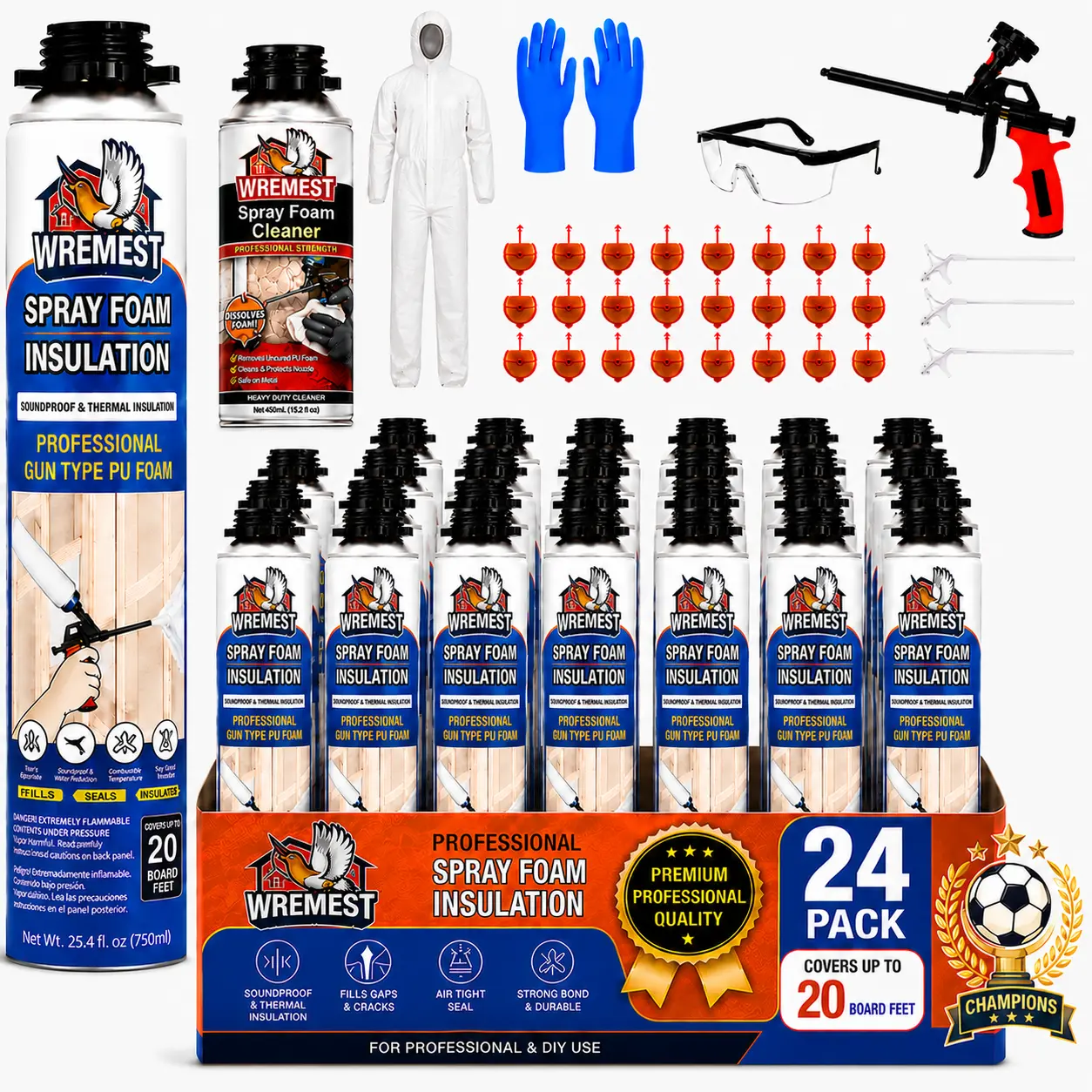 Wremest FullStop Spray Foam Insulation Kit - 40 Sq.Ft High-Density Closed Cell Polyurethane, Single-Component Rapid-Curing Thermally Adhesive Expanding Sealant with Safety Goggles for DIY Energy Savings, Sound Insulation on Walls, Sheds, Boats, Brick, Sou
