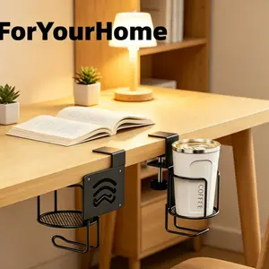 1pc Desk Cup Holder, Desk Storage Organizer, Clip On/ Clamp On Table Cup Holder, Anti-Spill Non Slip Adjustable Drink Holder, Heavy Duty Design, for Office, School, Dorm, Lawn Chair Use, Nonslip Grip, Clip On Design, Rustresistant