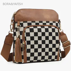 Women’s Checkered Colorblock Crossbody Camera Bag, Checkerboard Shoulder Purse with Zip Closure & Adjustable Strap casual style gift