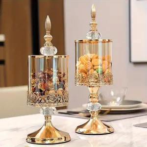 2pcs high crystal glass storage jar/candy jar with lid, uniquely designed candy and nut storage decorations, including one large and one small, suitable for holiday celebrations, Glass kitchen canisters