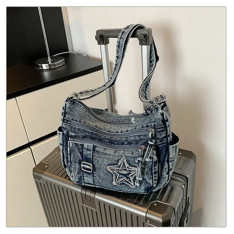 Gosect Women's Vintage Washed Denim Crossbody Purse - Basic Handbag Shoulder Bag with Adjustable Strap, Large Capacity, Multi-Pocket, Machine Washable, Summer Outfit, 4th of July Coastal Cowgirl Weekender Gift for Her, Crossbody Purses, Denim Crossbody Ba