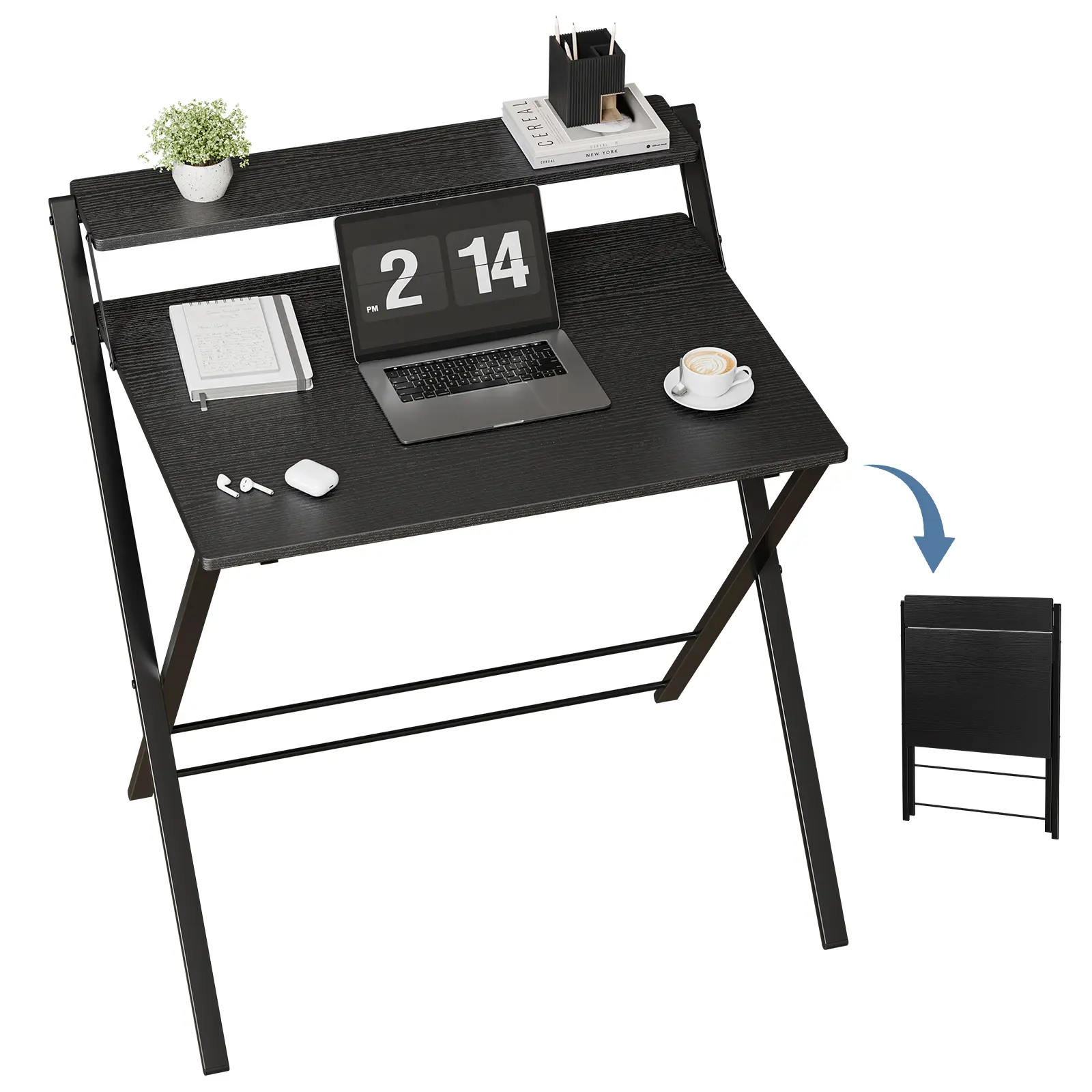 Folding Laptop Desk with Monitor Shelf, 2-Tier Foldable Writing Table, Space-Saving Indoor Furniture Workstation for Bedroom & Dorm