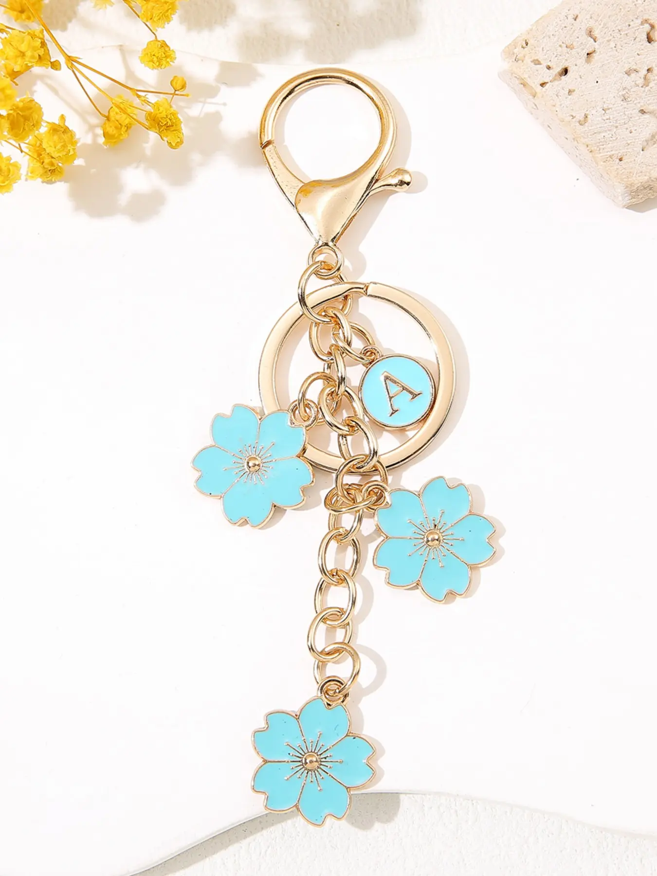 Stylish Initial Zinc Alloy Keychain for Purse, Dripping Blue Flower Charm, Elegant Letter Key Ring for Women & Students, Perfect Accessory for Handbags & Backpacks, Key Charms