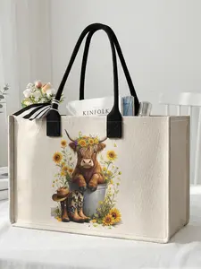 1 piece of cow pattern with floral decoration 2D printed large capacity storage bag, extra large storage bag, sturdy handle, space-saving multi-purpose, suitable for use at school, on business trips, and shopping, Tote Bag, Reusable Bags