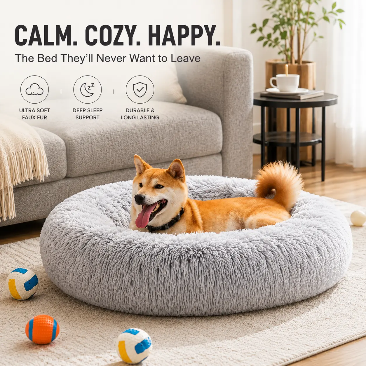 Sweetcrispy High-Quality Modern Faux Fur Dog Bed - Soft, Fluffy, Washable, Anti-Slip Round Resting Spot with High-Quality Materials, Chew Resistant for Medium-Large Dogs & All Ages Indoor Puppies, Puppy Bed
