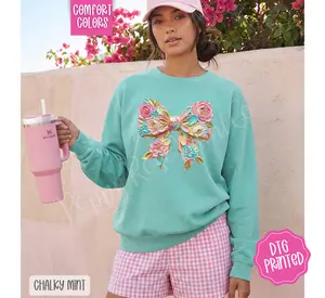 Floral Painted Bow Comfort Colors Sweatshirt, Trendy Women's Spring Crewneck