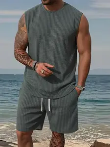 Men's 2-Piece Menswear Clothes, Sleeveless Crew Neck Waffle Knit Tank Top & Drawstring Waist Shorts Set, Lightweight Breathable Loungewear for Beach Trips, Daily Wear
