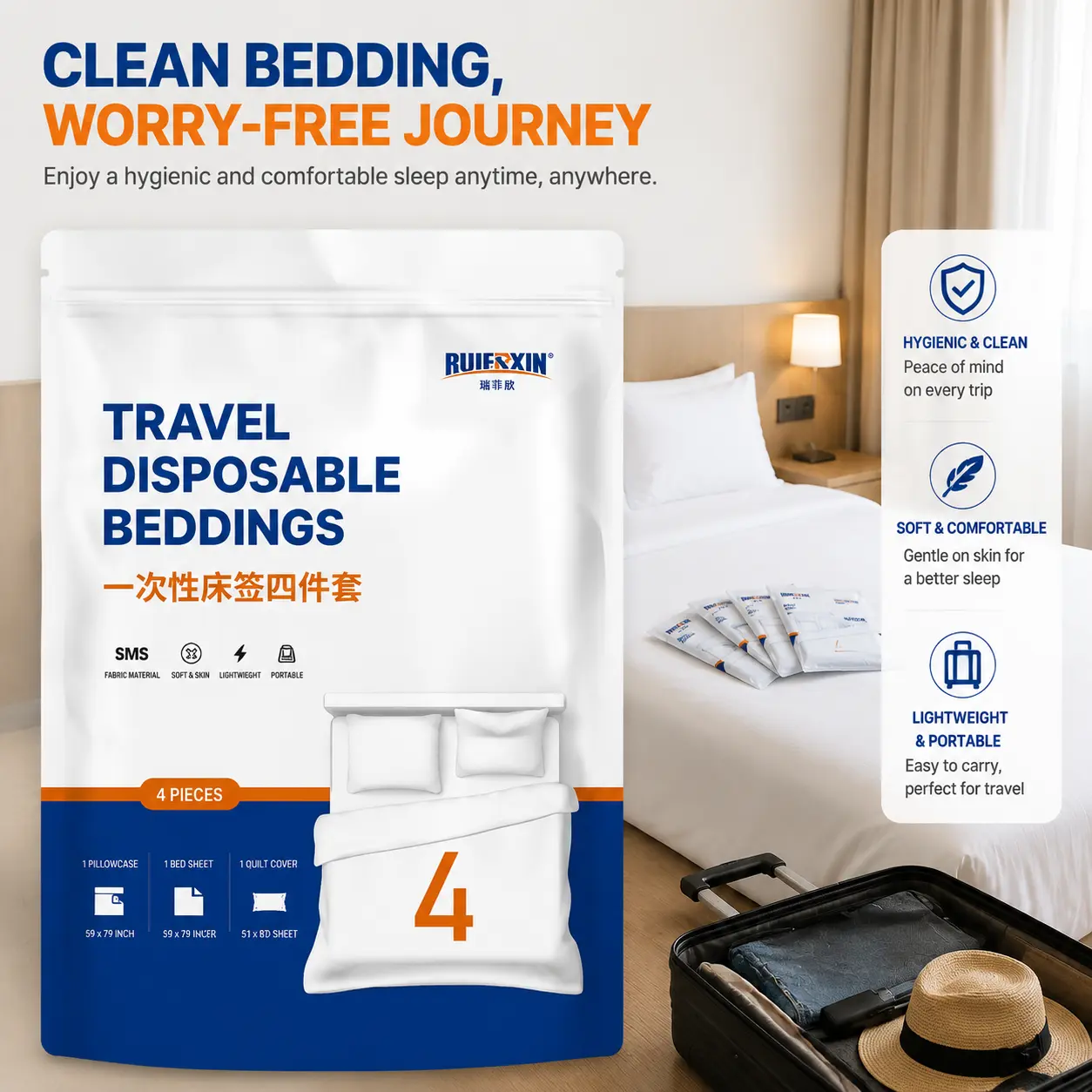 4PCS Disposable Bedsheet Sets - Single-Use Household Bedding Set with Fitted Bed Cover, Pillowcases, Lightweight Portable Wash-Free Travel Essential for Hotel/Camping, Bed Sheets Set