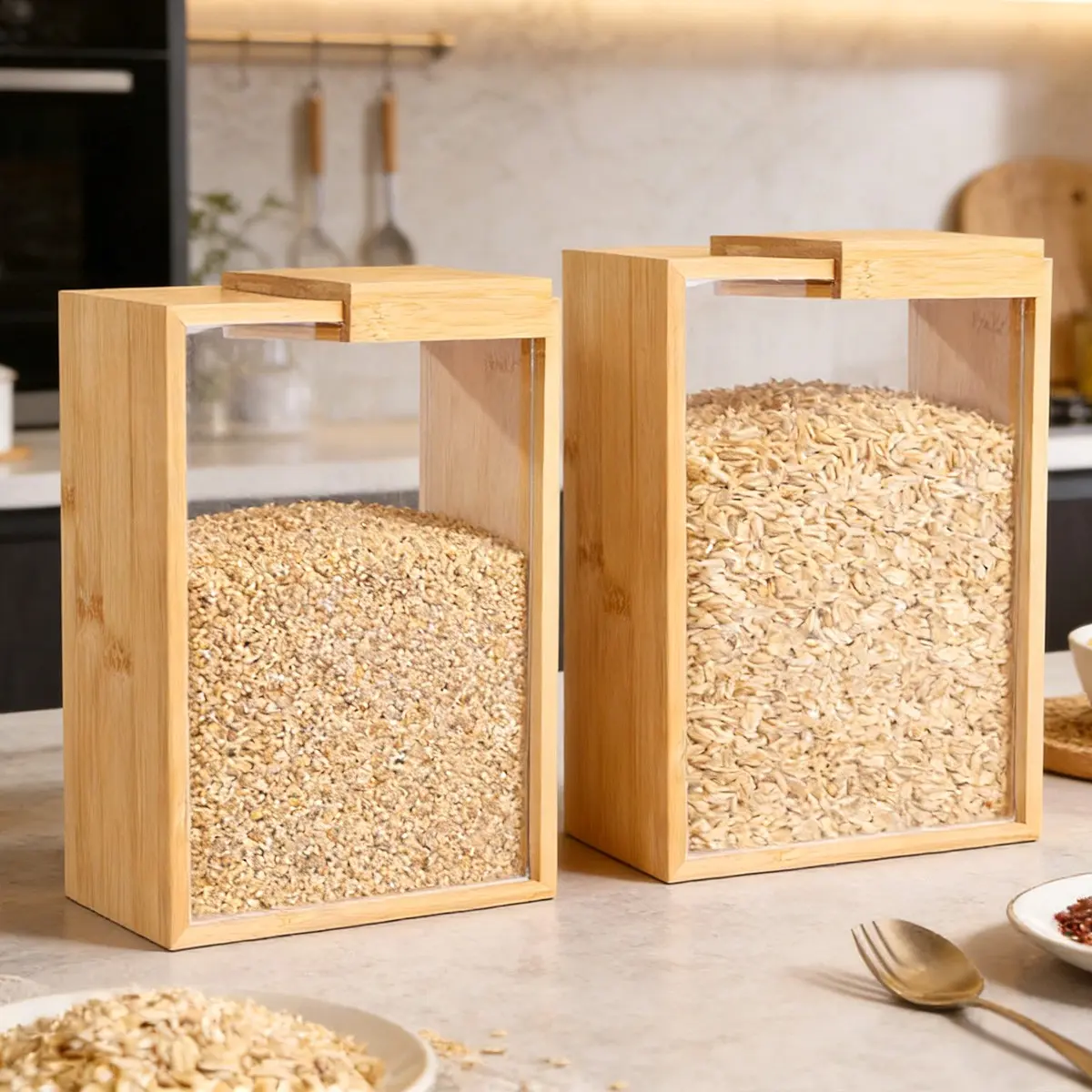 2 Pack Bamboo Square Dry Food Storage Containers, Food Storage Boxes, 100oz/3L Capacity, Book-Style Design, Ideal for Kitchen & Pantry, Organize Sugar, Nuts, Coffee Beans, Cereal, Tea