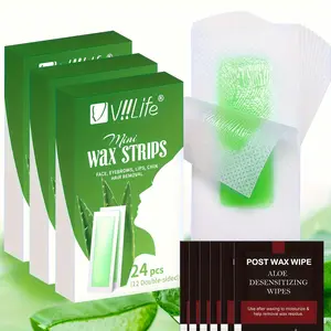Facial Eyebrow Aloe Vera Soothing Gentle Wax Strips, Hair Removal Product for Hair Removal at Home, 24 48 or 72pcs with Calming Wipes for Upper Lip and Chin, Women's Waxing Kit