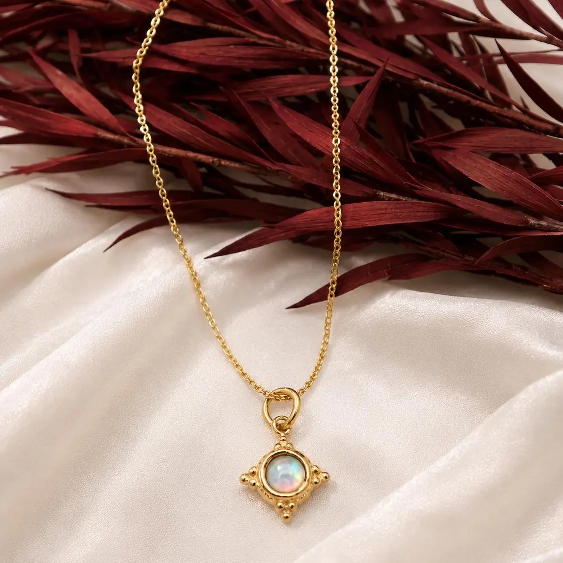 18K Gold Plated Opal Birthstone Necklace | Waterproof Tarnish Resistant Stainless Steel Necklace | Minimalist Gold Jewelry Gift for Women