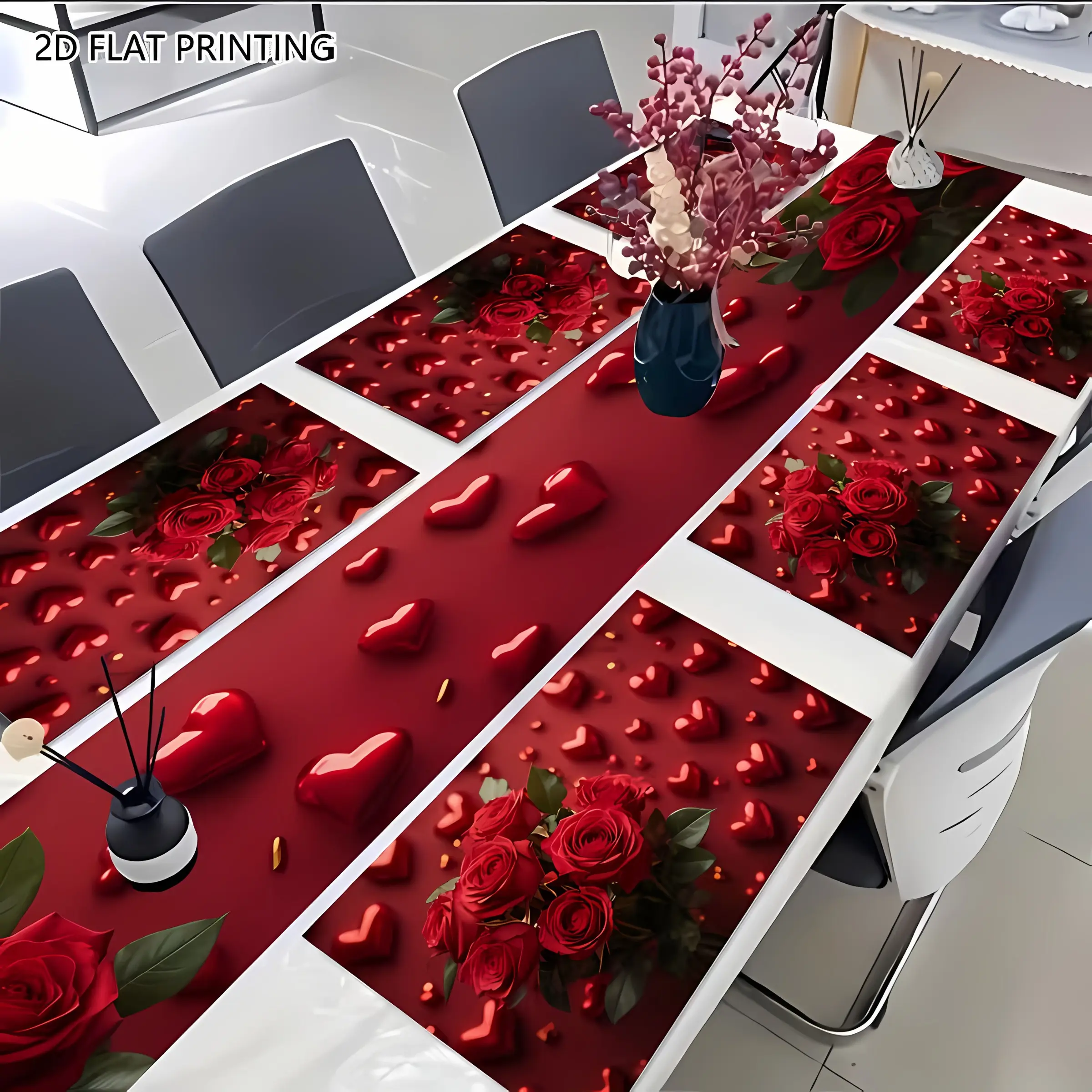 2D flat printing, set of 1/4/6/5/7 table flags, placemats and Coasters - elegant Valentine's Day heart-shaped rose pattern rectangular table decoration, suitable for holiday parties, romantic dinners, kitchens and dining table scenes Holiday Versatility