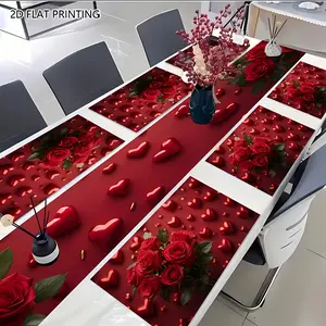 2D flat printing, set of 1/4/6/5/7 table flags and placemats - elegant Valentine's Day heart-shaped rose pattern rectangular table decoration, suitable for holiday parties, romantic dinners, kitchens and dining table scenes Holiday Versatility