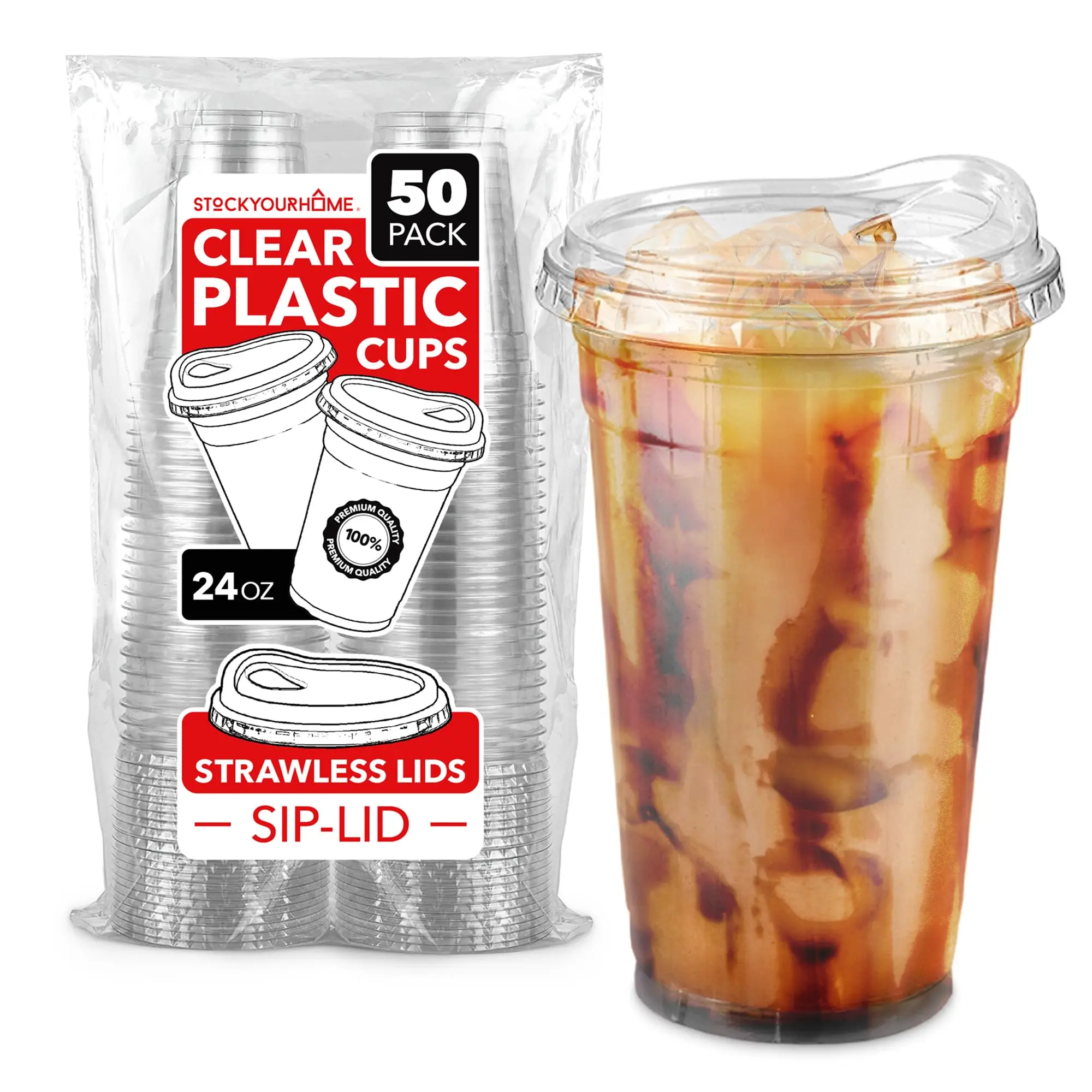 24 oz Clear Plastic Cups with Lids Disposable, Togo Drinking Cup with Strawless Sip Lid for Smoothie, Cold Brew Iced Coffee, Lemonade, Ice Latte, Boba, Party Drinks, Bulk, 24 Ounce (Set of 50)