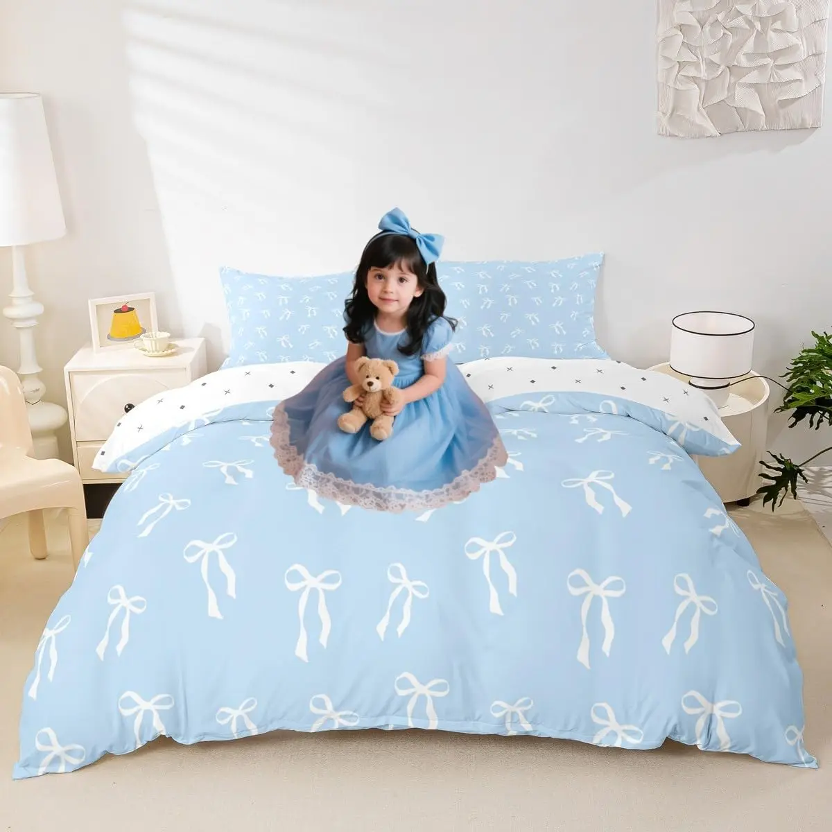 Feelyou Queen Size Bowknot Quilt Bedding Set - White Ribbon Bow Comforter, Blue Princess Quilt, Microfiber Linens, Soft Breathable Bowknot Design Lightweight Blanket, Bowknot Design Blanket