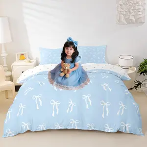 Cute Ribbon Bowknot Bedding Set,White Bows Comforter Set,Blue Princess Bedding Comforter Set,Modern Simple Bow Knot Quilt Set Soft Cozy Warm Lightweight Blanket