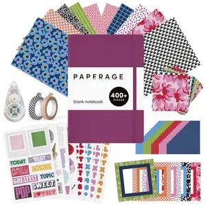 PAPERAGE Junk Journal & Scrapbook Kit, Hardcover Blank Journal Notebook, 20 Patterned Papers, 8 Sticker Sheets, 20 Die-Cut Shapes, 2 Washi Tapes & Tape Roller
