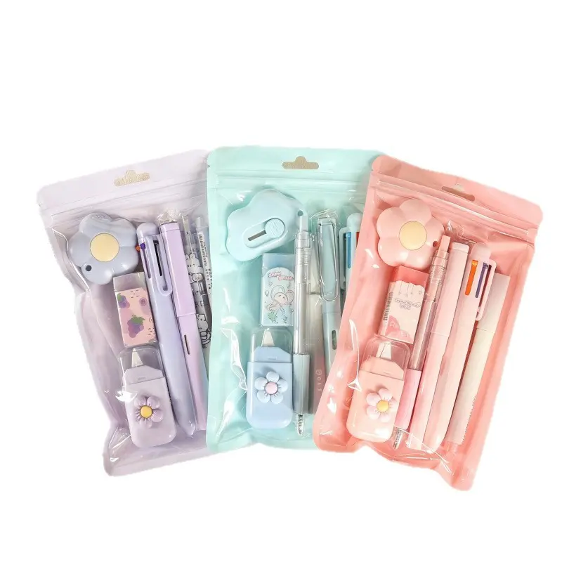 7-Piece Pink Kawaii Stationery Set for Girls & Teens, Cute School Supplies with Pens, Highlighter, Sharpener, Correction Tape & Ruler, Back to School