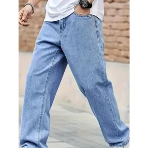 Men's Vintage Loose Fit Cotton-Blend Jeans Non-Stretch Washed Solid Color Casual Mid-Waist Ankle-Length Pants with Pockets